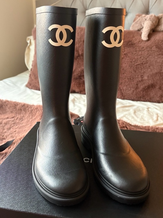 CHANEL Shoes - CHANEL Black Rain Boots with White CC Logo ***AUTHENTIC*** NEW WITH BOX SIZE 38